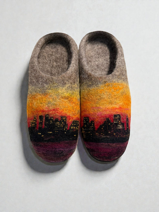 Wool Slipper with Boston Skyline at Sunset