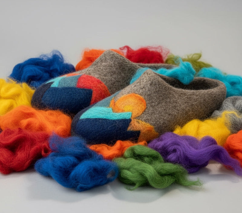 Colorful yarn with a pair of brown slippers on a white background